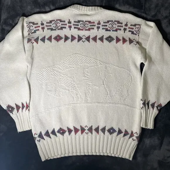 Vintage Lands End Sweater Mens Size M Indian Buffalo Southwest Native Knit USA - Picture 2 of 8